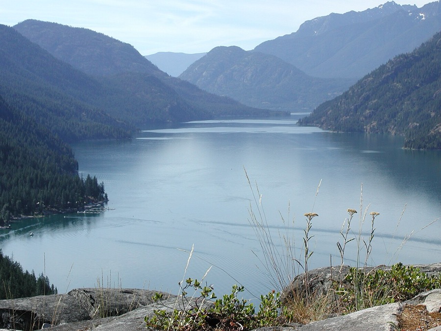 Lake Chelan stretching between forested mountains near Stehekin, Washington